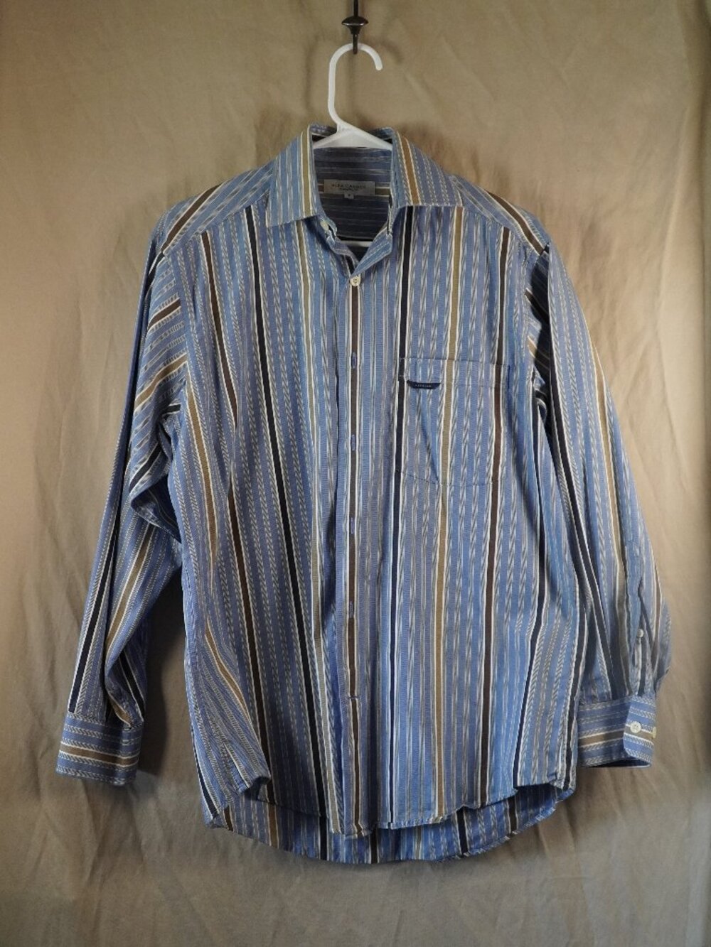 Alex Cannon blue shirt; white/brown stripe pattern